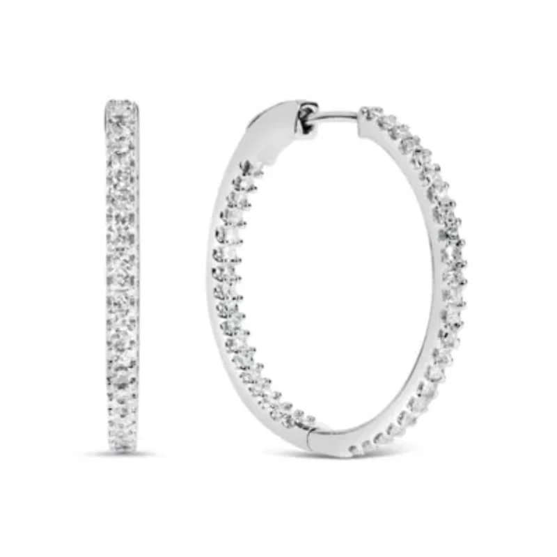 14K White Gold 1.0 Ct Princess Diamond Inside Out Hoop Earrings - 23 MM