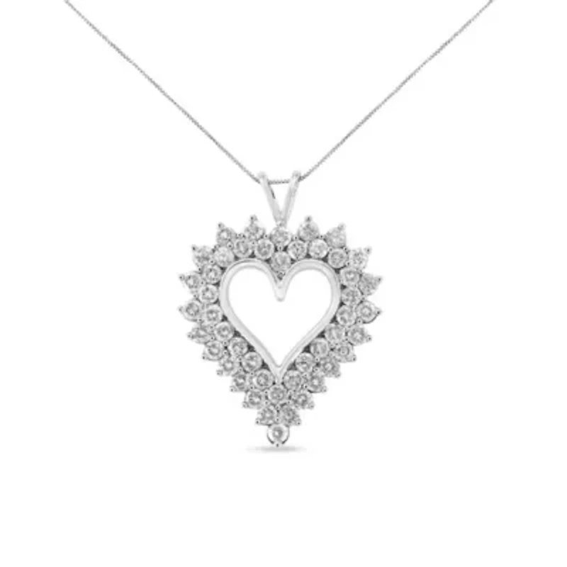 Silver 4 Cttw Round-Cut Double Row Composite Diamond Heart 18" Pendant Necklace