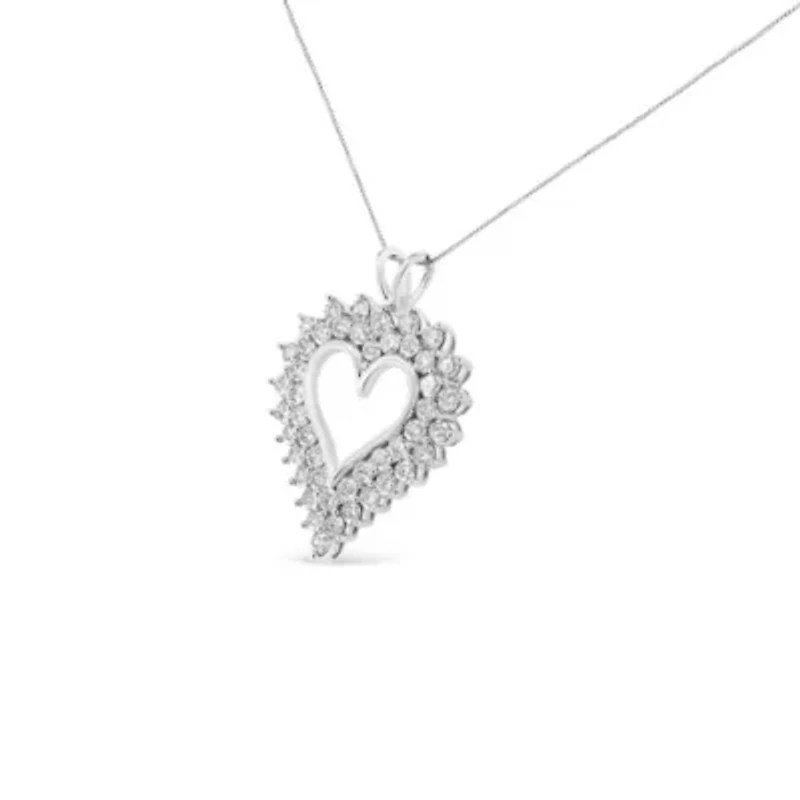 Silver 4 Cttw Round-Cut Double Row Composite Diamond Heart 18" Pendant Necklace