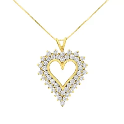 14K Yellow Gold Silver 4 cttw Round-cut Diamond Cluster Heart Pendant Necklace