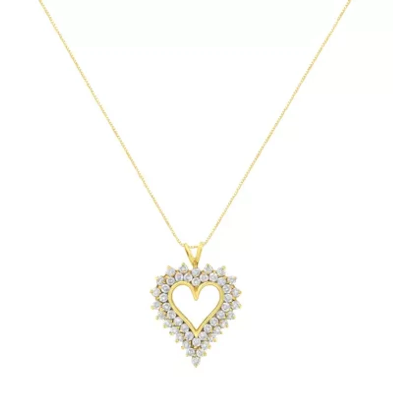 14K Yellow Gold Silver 4 cttw Round-cut Diamond Cluster Heart Pendant Necklace