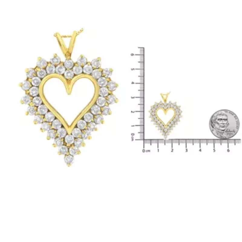 14K Yellow Gold Silver 4 cttw Round-cut Diamond Cluster Heart Pendant Necklace