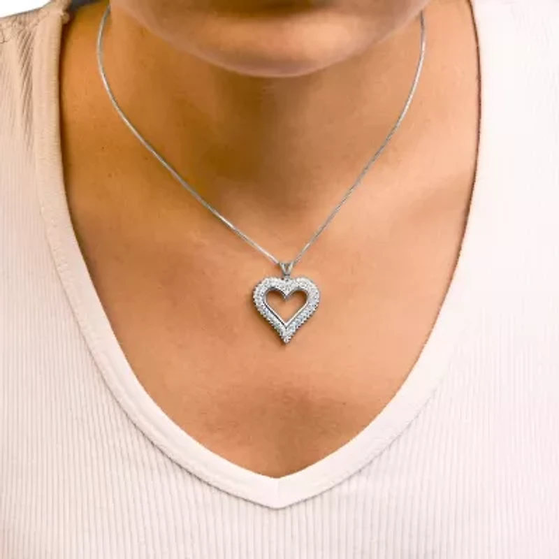 Lab Created Silver 1.00 Cttw Lab-Grown Diamond Open Heart Pendant Necklace - 18" Inches