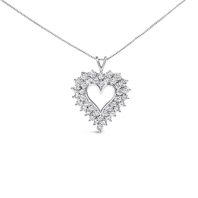 925 Sterling Silver 4.0 Cttw Diamond Two Row Open Heart 18" Pendant Necklace
