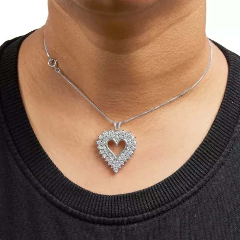 925 Sterling Silver 4.0 Cttw Diamond Two Row Open Heart 18" Pendant Necklace