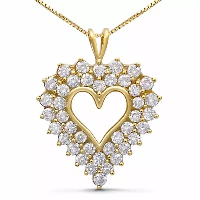 14K Yellow Gold Plated Silver 4.0 Cttw Diamond Shadow Frame Heart Pendant Necklace
