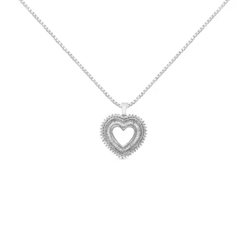 .925 Sterling Silver 1.0 Ctw Diamond Shadow Open Heart Halo 18" Pendant Necklace