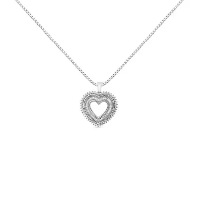 .925 Sterling Silver 1.0 Ctw Diamond Shadow Open Heart Halo 18" Pendant Necklace