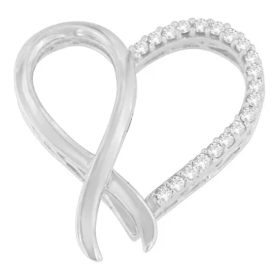 Silver 1/4 cttw Round Cut Diamond Ribbon and Heart Accent Pendant Necklace