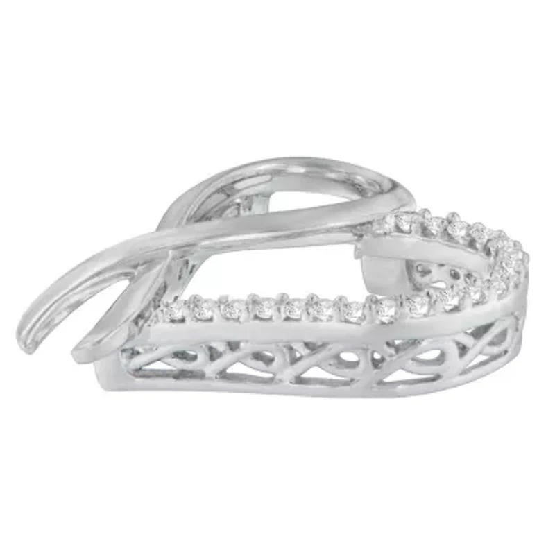Silver 1/4 cttw Round Cut Diamond Ribbon and Heart Accent Pendant Necklace