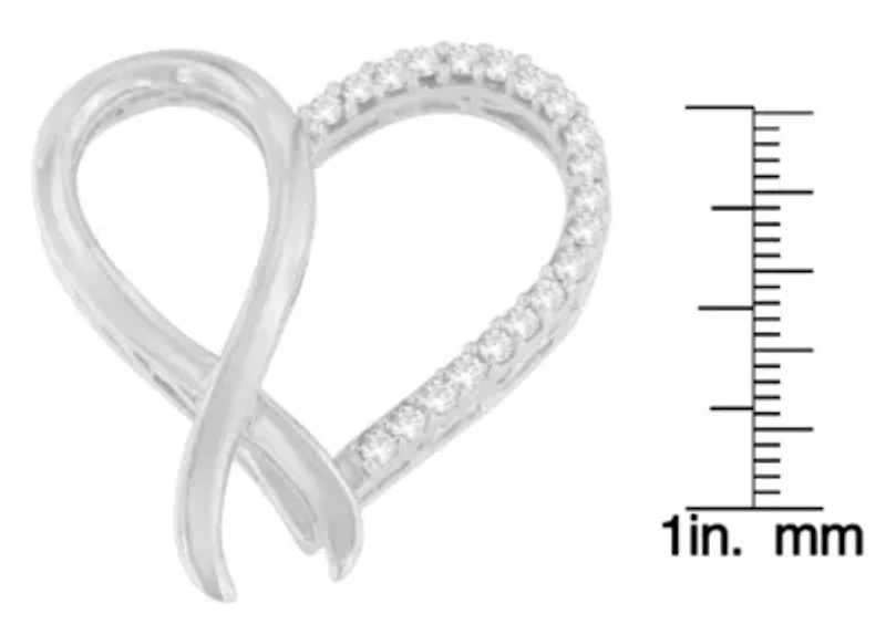 Silver 1/4 cttw Round Cut Diamond Ribbon and Heart Accent Pendant Necklace