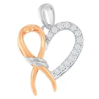 Two-Toned Silver 1/5 cttw Round Cut Diamond Ribbon Heart Accent Pendant Necklace