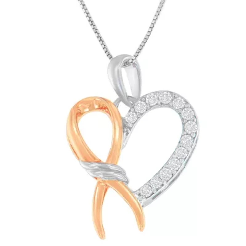 Two-Toned Silver 1/5 cttw Round Cut Diamond Ribbon Heart Accent Pendant Necklace