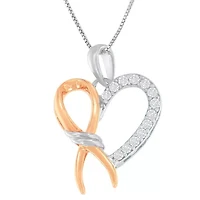 Two-Toned Silver 1/5 cttw Round Cut Diamond Ribbon Heart Accent Pendant Necklace