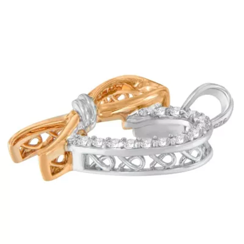 Two-Toned Silver 1/5 cttw Round Cut Diamond Ribbon Heart Accent Pendant Necklace