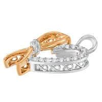 Two-Toned Silver 1/5 cttw Round Cut Diamond Ribbon Heart Accent Pendant Necklace
