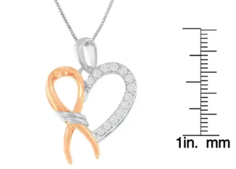 Two-Toned Silver 1/5 cttw Round Cut Diamond Ribbon Heart Accent Pendant Necklace