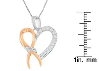 Two-Toned Silver 1/5 cttw Round Cut Diamond Ribbon Heart Accent Pendant Necklace