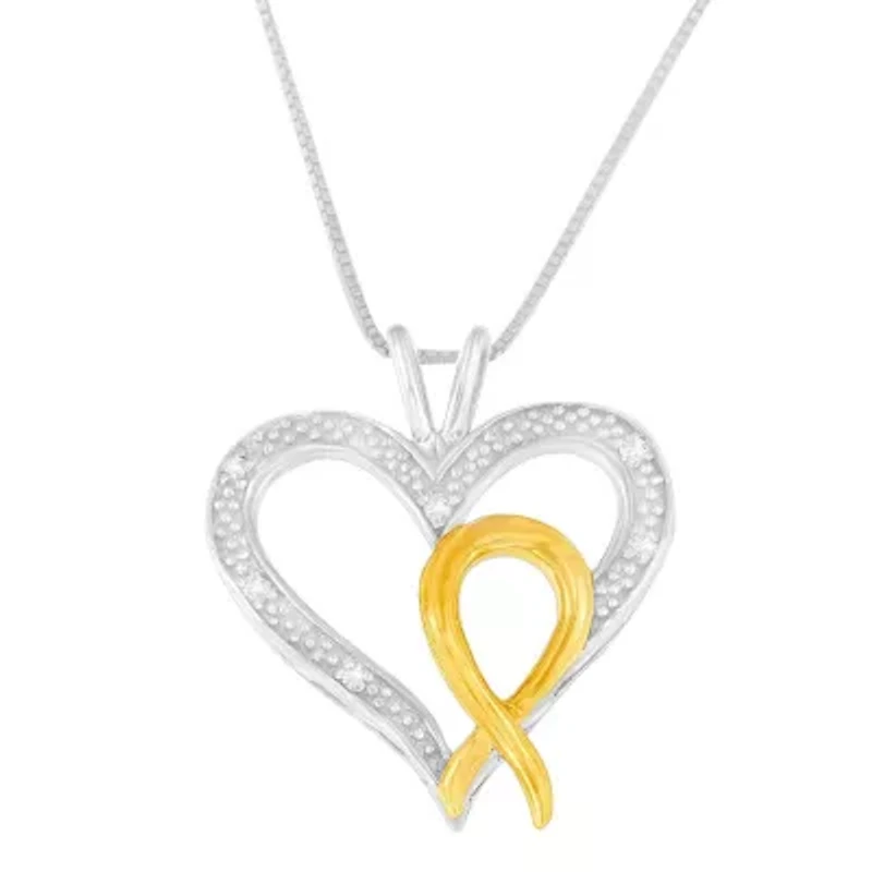 .925 Sterling Silver Two Toned 1/25 cttw Diamond Heart-Ribbon Pendant Necklace