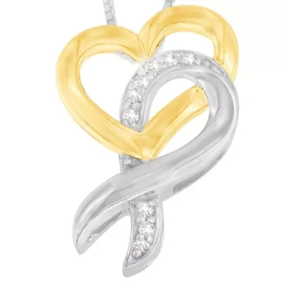 10K Yellow Gold and Silver 1/20 cttw Diamond Ribbon-Heart Pendant Necklace