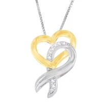 10K Yellow Gold and Silver 1/20 cttw Diamond Ribbon-Heart Pendant Necklace
