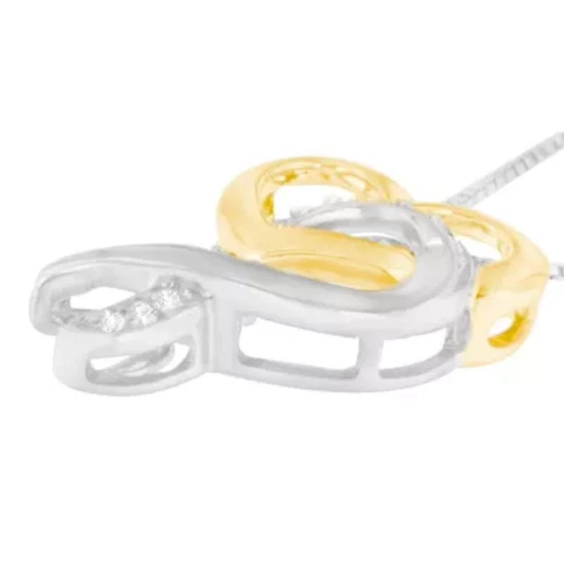 10K Yellow Gold and Silver 1/20 cttw Diamond Ribbon-Heart Pendant Necklace
