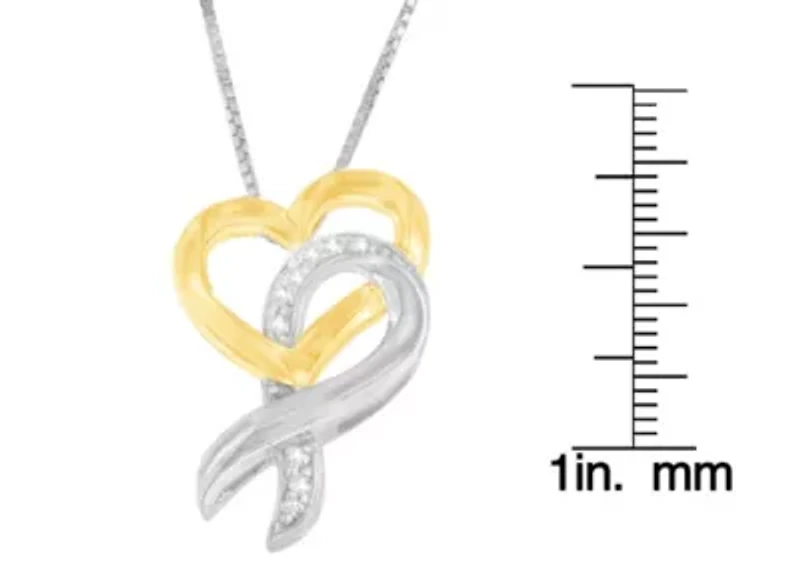 10K Yellow Gold and Silver 1/20 cttw Diamond Ribbon-Heart Pendant Necklace