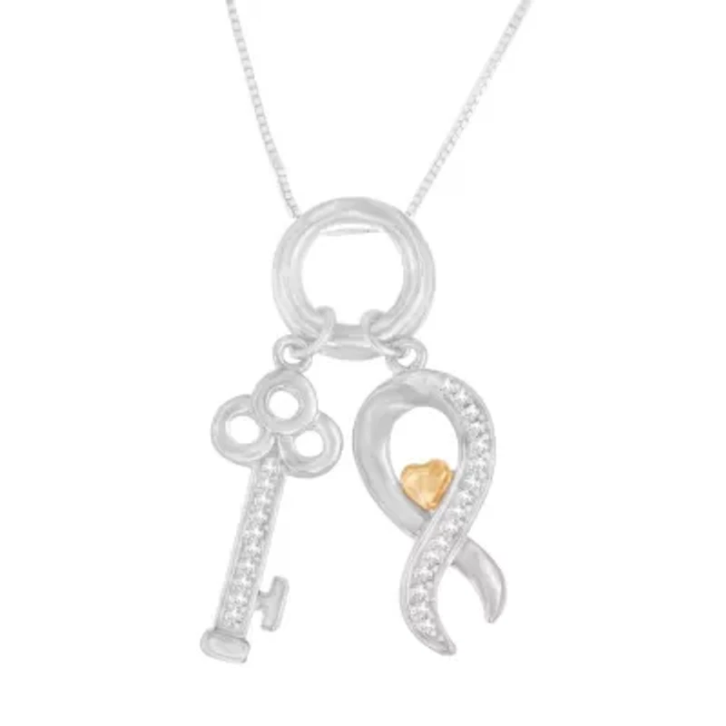 Two Tone .925 Sterling Silver 1/6 cttw Diamond Symbol Key Pendant Necklace