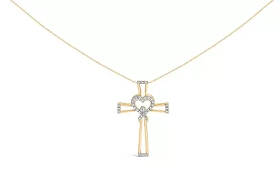 14K Yellow Gold Plated Silver 1/6 Cttw Diamond Heart and Ribbon Cross Pendant