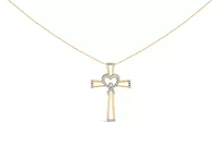 14K Yellow Gold Plated Silver 1/6 Cttw Diamond Heart and Ribbon Cross Pendant