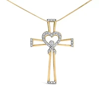 14K Yellow Gold Plated Silver 1/6 Cttw Diamond Heart and Ribbon Cross Pendant