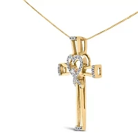 14K Yellow Gold Plated Silver 1/6 Cttw Diamond Heart and Ribbon Cross Pendant