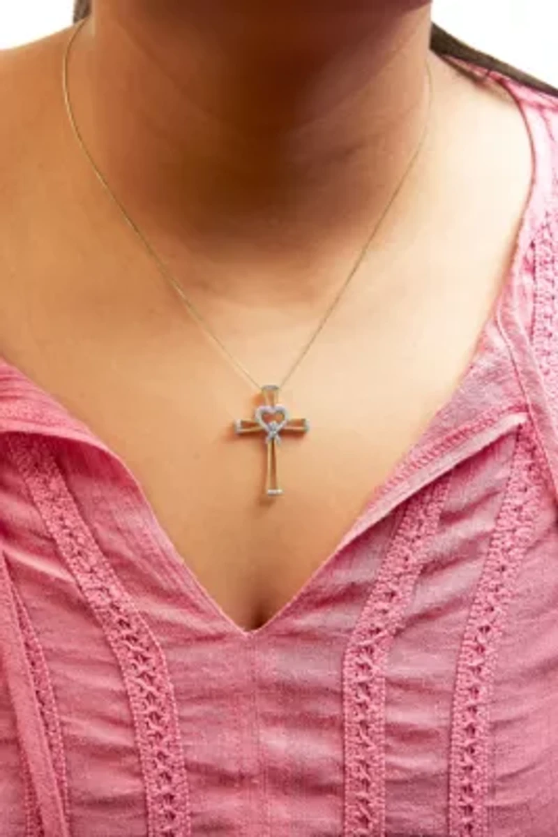 14K Yellow Gold Plated Silver 1/6 Cttw Diamond Heart and Ribbon Cross Pendant