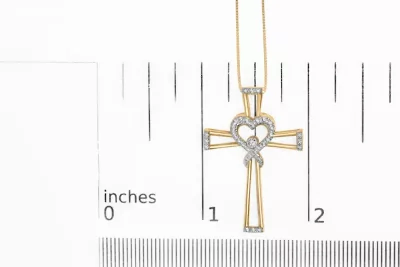 14K Yellow Gold Plated Silver 1/6 Cttw Diamond Heart and Ribbon Cross Pendant