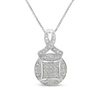 .925 Sterling Silver 1/3 cttw Diamond Ribbon and Circle Cluster 18" Pendant Necklace