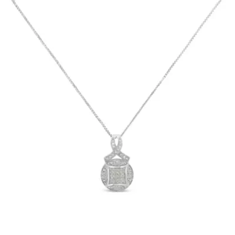 .925 Sterling Silver 1/3 cttw Diamond Ribbon and Circle Cluster 18" Pendant Necklace