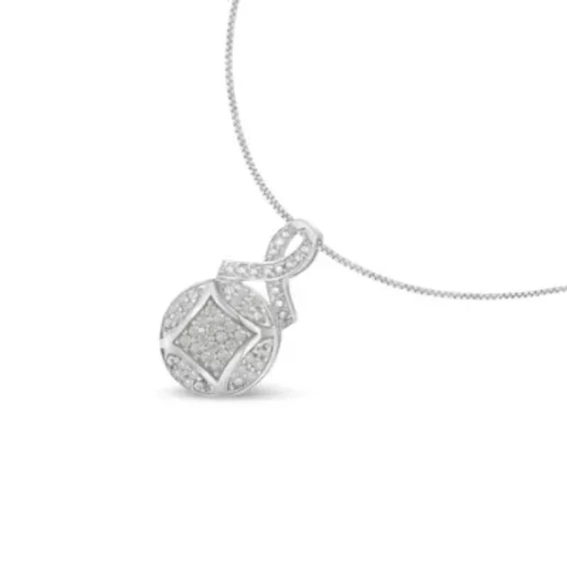 .925 Sterling Silver 1/3 cttw Diamond Ribbon and Circle Cluster 18" Pendant Necklace