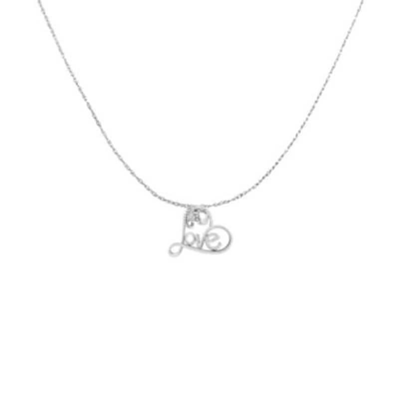 Silver 1/10 Cttw Round Diamond Accented Open Heart with Love 18" Pendant Necklace