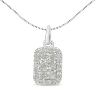 .925 Sterling Silver 1 cttw Diamond Block Pendant Necklace