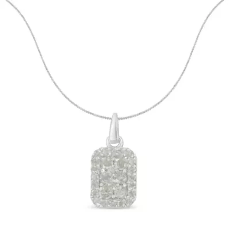 .925 Sterling Silver 1 cttw Diamond Block Pendant Necklace