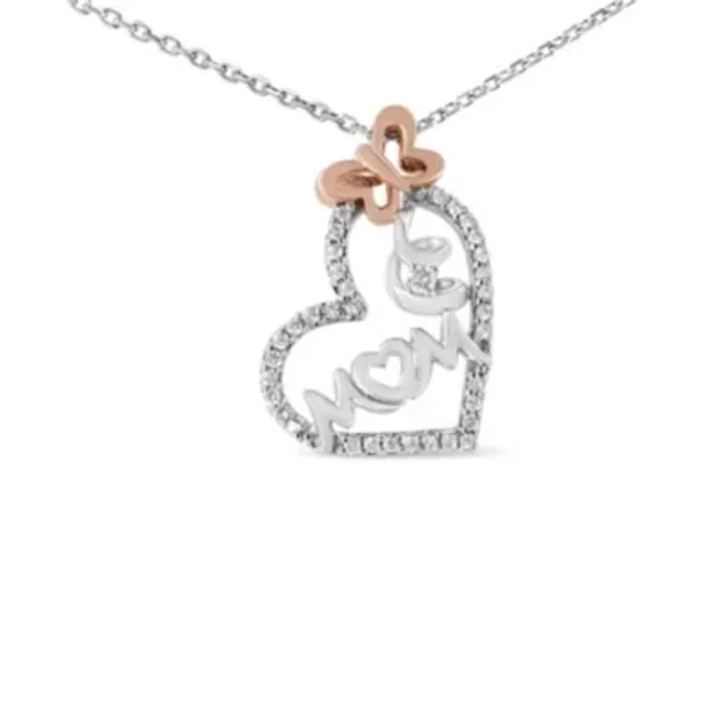 Two Tone .925 Sterling Silver 1/5 cttw Diamond "Mom" and Heart Pendant Necklace