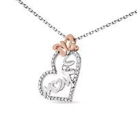 Two Tone .925 Sterling Silver 1/5 cttw Diamond "Mom" and Heart Pendant Necklace