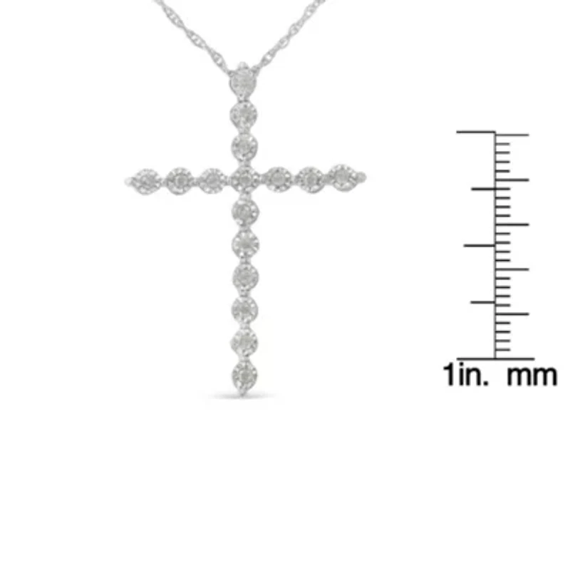 Silver 1/6 Cttw Diamond Miracle-Set Shared Prong Cross 18" Pendant Necklace