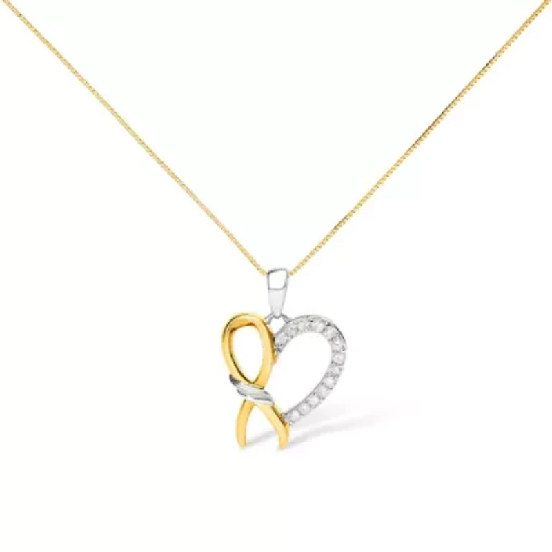 10K Yellow Gold Plated Silver 1/5 Cttw Diamond Ribbon Heart Pendant Necklace - 18"