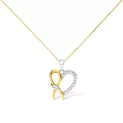 10K Yellow Gold Plated Silver 1/5 Cttw Diamond Ribbon Heart Pendant Necklace - 18"