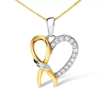 10K Yellow Gold Plated Silver 1/5 Cttw Diamond Ribbon Heart Pendant Necklace - 18"