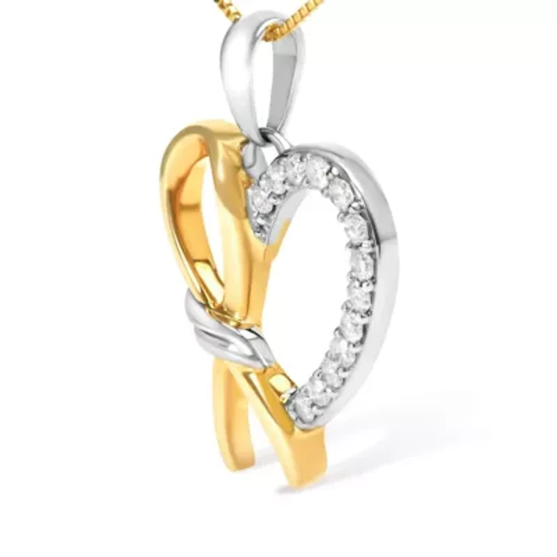 10K Yellow Gold Plated Silver 1/5 Cttw Diamond Ribbon Heart Pendant Necklace - 18"