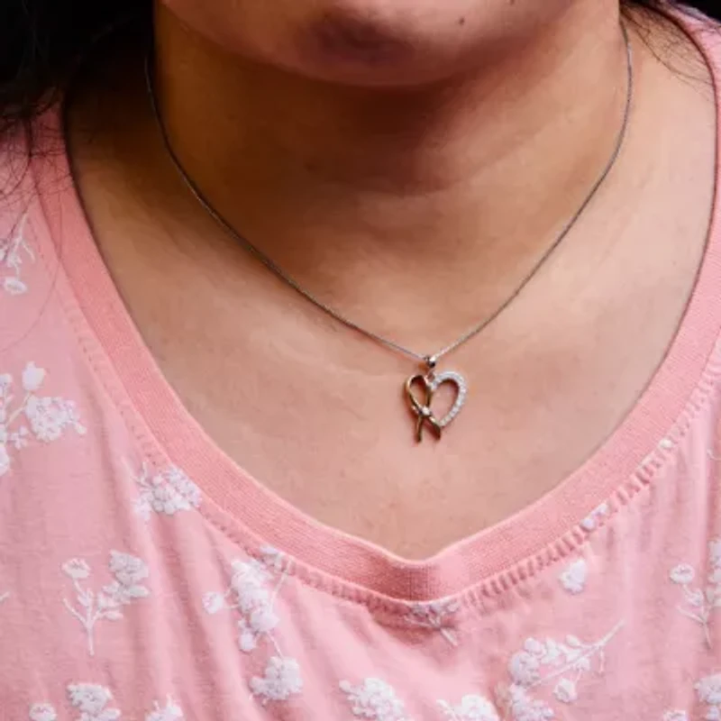 10K Yellow Gold Plated Silver 1/5 Cttw Diamond Ribbon Heart Pendant Necklace - 18"