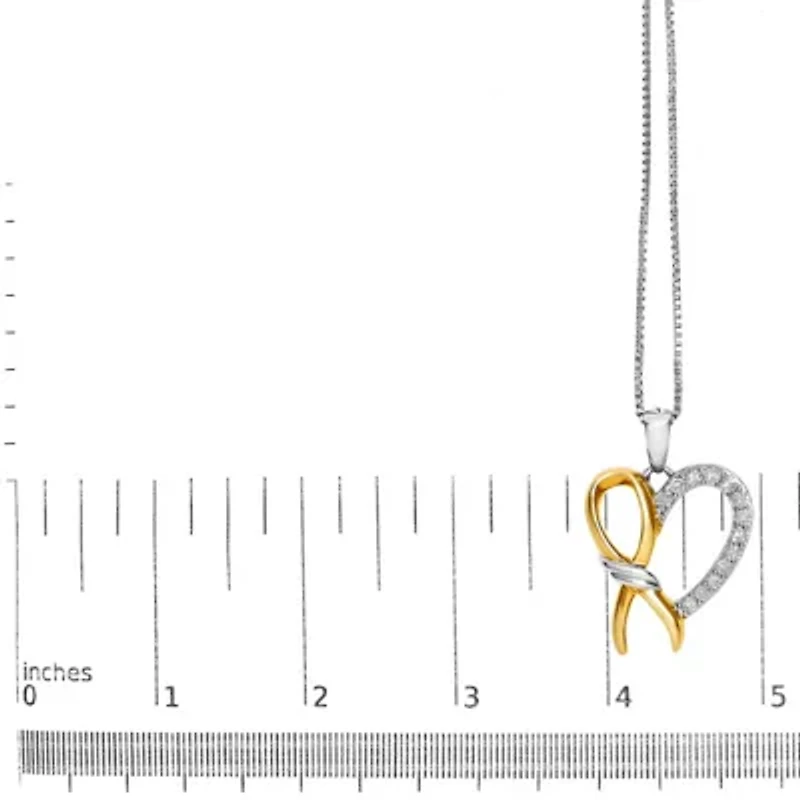 10K Yellow Gold Plated Silver 1/5 Cttw Diamond Ribbon Heart Pendant Necklace - 18"