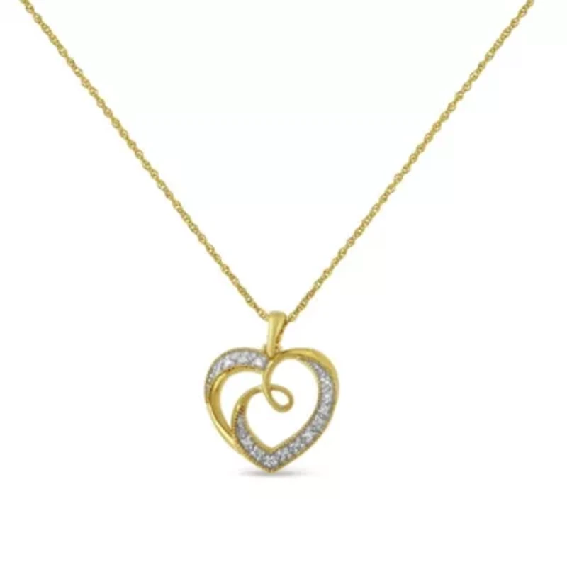 14K Yellow Gold Plated Silver Diamond Accent Ribbon & Heart 18" Pendant Necklace